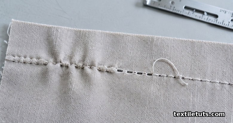 Fabric swatch on inspection table showing a puckered seam, skipped stitches, and a loose thread loop demonstrating common sewing defects.