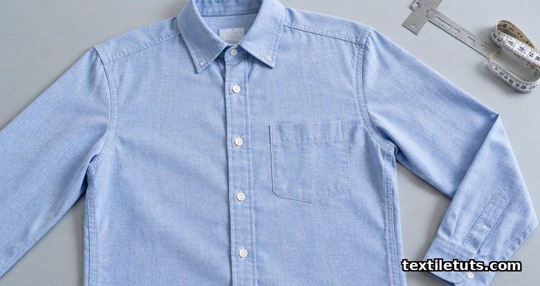 Woven shirt laid flat on a smooth inspection surface under bright cool daylight with a stitch gauge for sewing defect grading.