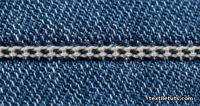 Extreme close-up of a lockstitch seam structure on denim showing interlocking top and bobbin thread rows in tight pattern.
