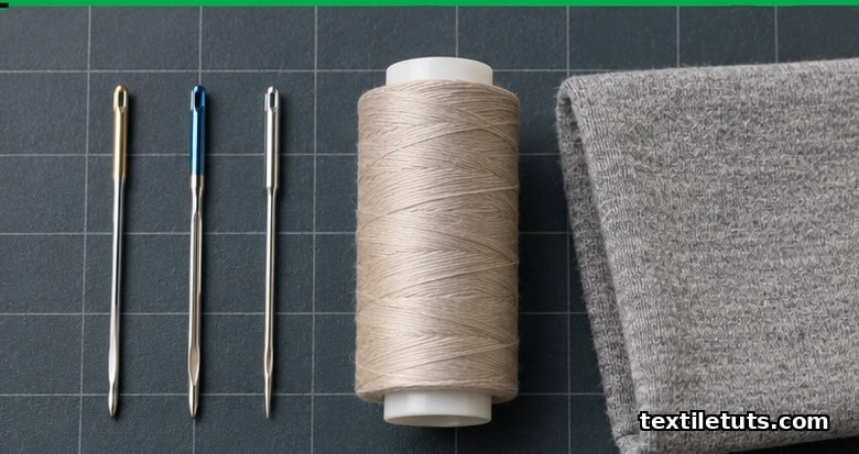Flat lay of ballpoint, stretch, and microtex needles beside a thread spool and knit fabric swatch on slate mat.