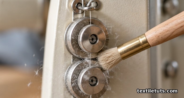 Detail brush sweeping lint from between the tension discs of a sewing machine thread path.