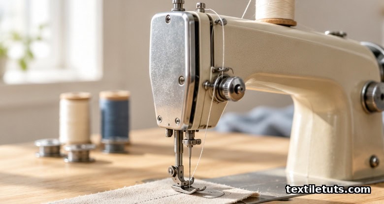 Editorial closeup of a sewing machine needle, presser foot, and linen fabric scrap ready for tension testing.