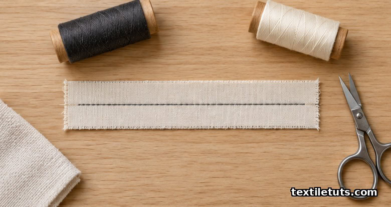 Sewn test strip on cotton showing balanced lockstitch with charcoal top thread and natural bobbin thread.