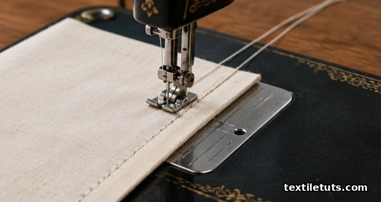 Overhead angled view of fabric layers under a sewing machine presser foot, demonstrating straight stitch construction aligned to a seam guide.