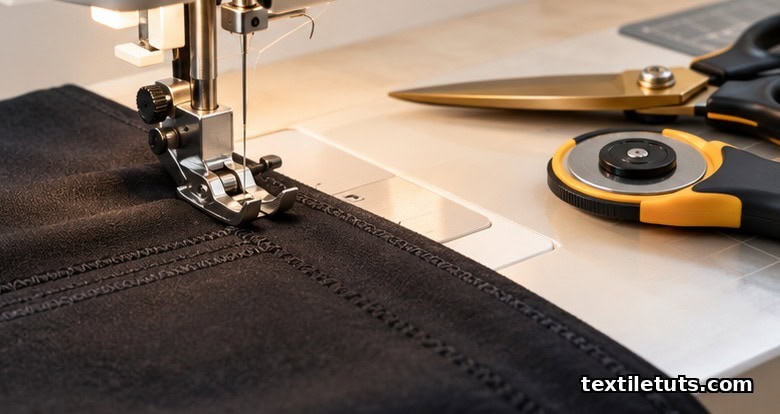 Sewing machine with ballpoint needle stitching black stretch interlock fabric beside fabric shears.