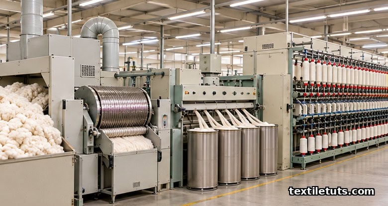 Industrial textile spinning machinery: blowroom, carding machine, draw frame, and ring spinning frames producing yarn.