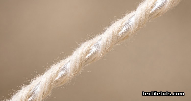 Close-up of core-spun sewing thread showing the polyester filament core wrapped by a staple fiber sheath under twist.