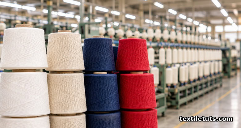 Spools of colorful sewing thread lined up in a textile mill, illustrating the spinning process from raw fiber to finished yarn.