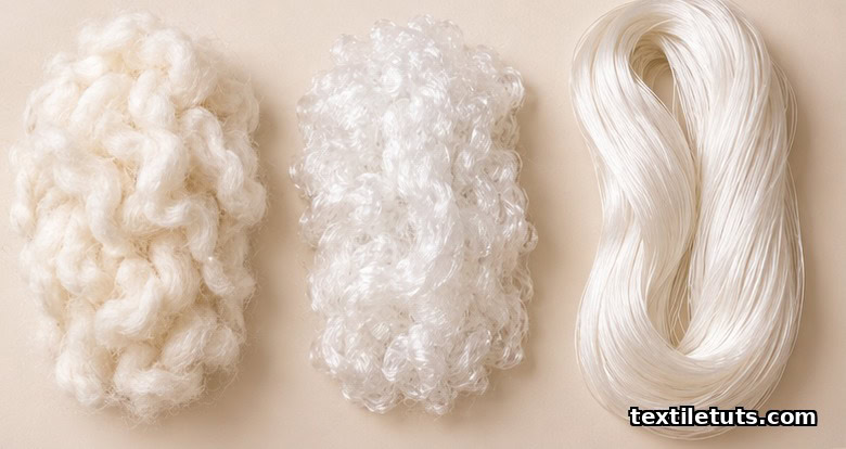 Three fiber types for sewing thread: combed cotton staple, polyester staple fibers, and continuous polyester filament yarn.