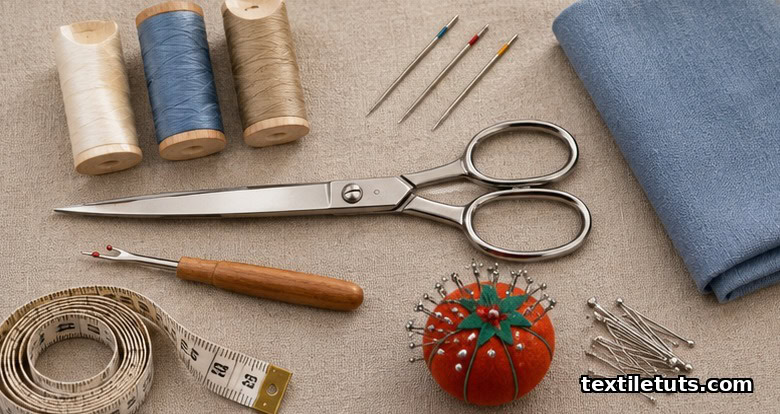 Flatlay of sewing essentials on natural linen: thread spools, universal needles, fabric scissors, seam ripper, pins, and folded cotton.