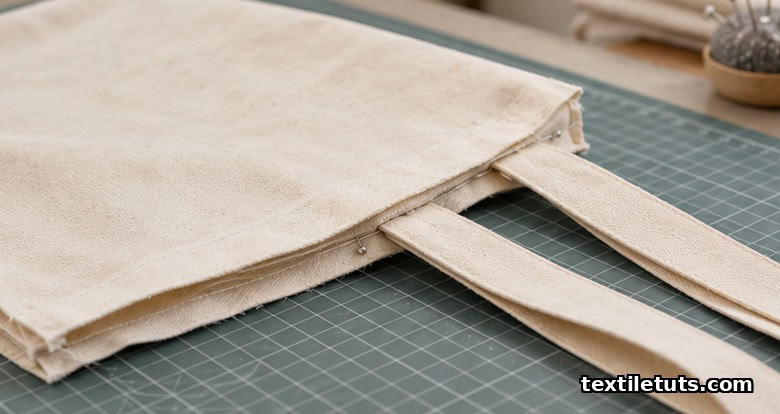 Partially constructed canvas tote bag pinned together showing straps and pressed top hem ready for sewing.