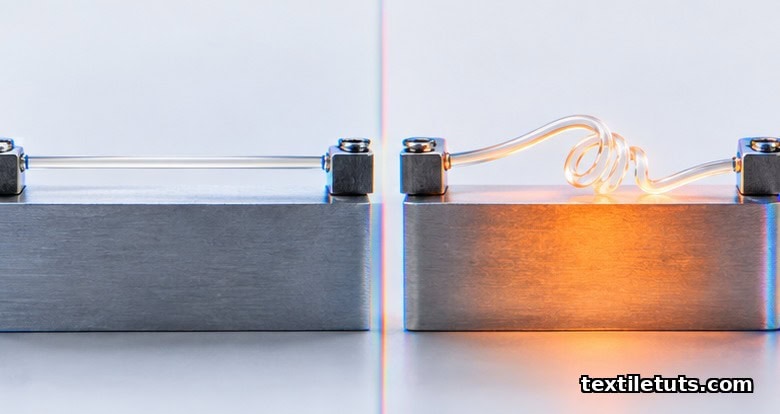 Side-by-side close-up comparing a stretched shape memory fiber held straight at low temperature versus the same fiber curling back to its original shape when heated.