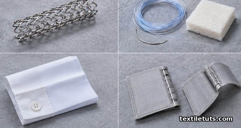 Flat-lay catalog of shape memory textile applications including a Nitinol stent, surgical suture, wrinkle-recovering shirt cuff, and deployable fabric hinge.