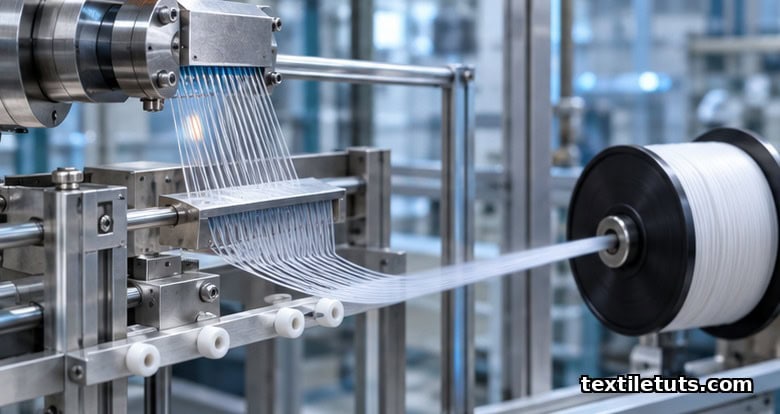 Industrial melt-spinning line producing shape memory polymer multifilament yarn from a metallic spinneret onto a take-up bobbin in cool factory lighting.