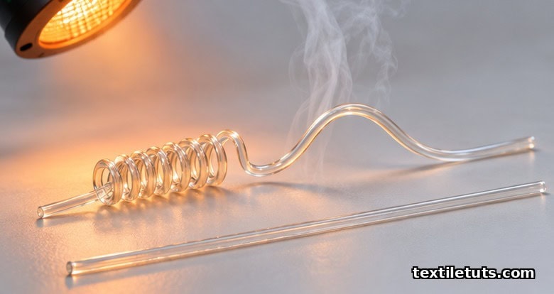 Macro view of a glossy shape memory polymer fiber coiled back into its original helical shape after thermal activation on a pale laboratory surface.