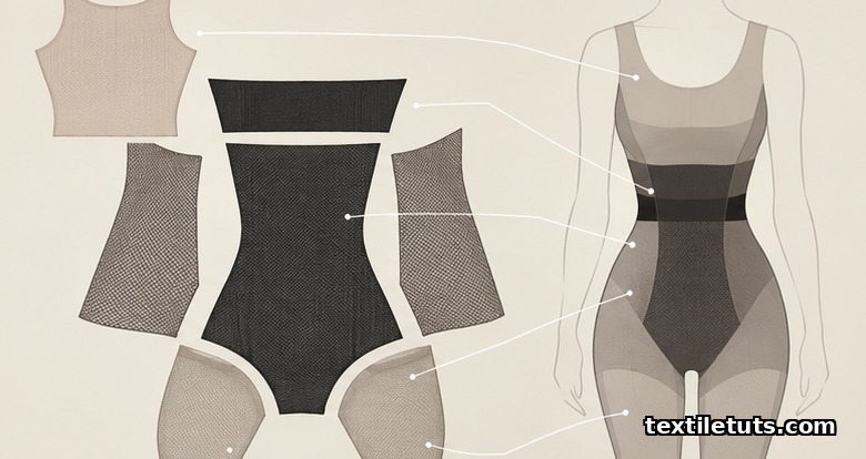 Exploded diagram of a shapewear garment showing core, waist, side, back, and thigh fabric panels mapped to body zones.
