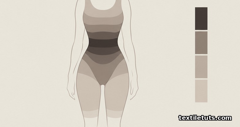 Anatomical pressure gradient diagram showing graduated compression zones from waist to thigh on a neutral silhouette.