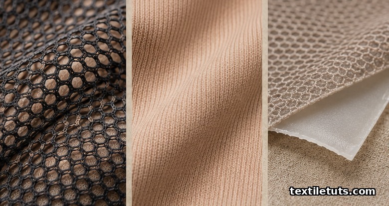 Macro close-up of three shapewear fabrics: hexagonal powernet mesh, smooth tricot warp-knit, and bonded laminate layer.