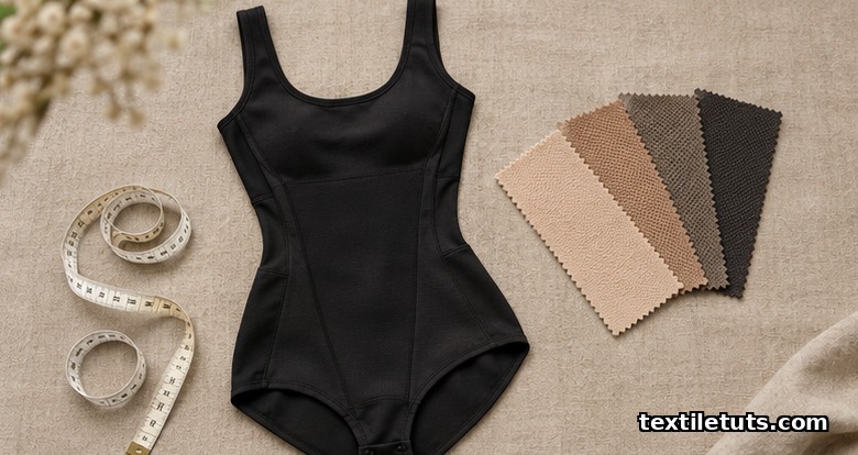 Folded black powernet shapewear bodysuit laid flat with measuring tape and knit swatch card for textile materials overview.
