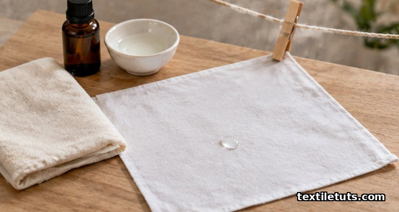 Ironed white cotton square with a pressing cloth, amber bottle of fabric medium, ceramic detergent dish, and a clothespin on cotton cord.