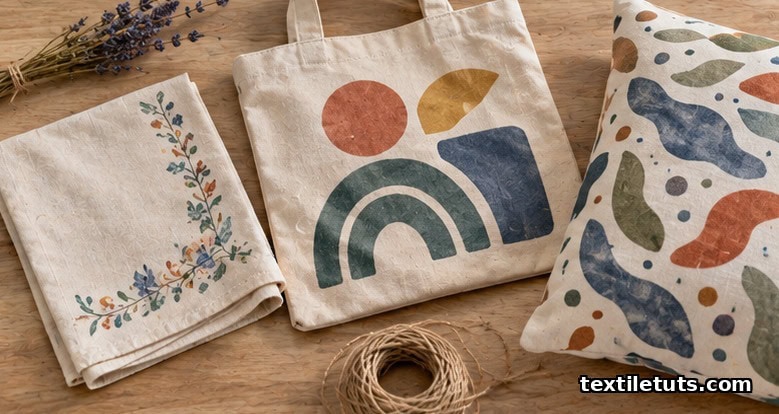 Finished DIY projects on a wood table: a hand-drawn handkerchief, a geometric canvas tote, and a patterned cotton pillowcase.