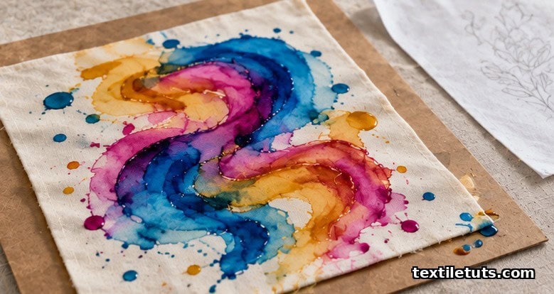 Cream cotton fabric on kraft cardboard with freshly applied blue, magenta, and amber Sharpie swirls and dots beginning to bleed.