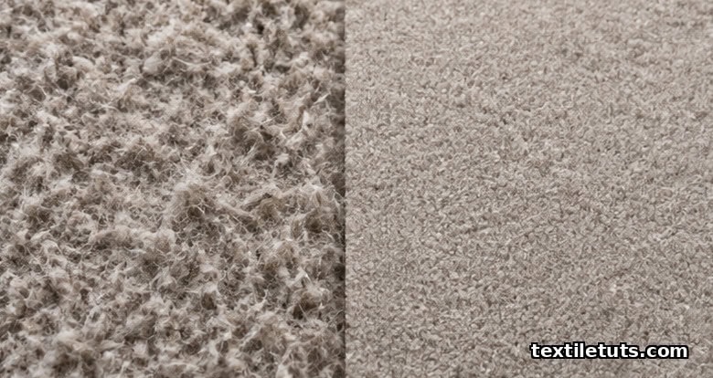 Side-by-side surface comparison of unsheared fuzzy fabric on the left and sheared uniform level pile on the right under the same lighting.