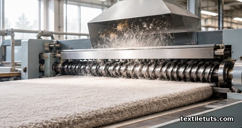 Wide textile mill scene of a shearing machine trimming protruding fibers from a raised fabric to a uniform pile height over a suction table.