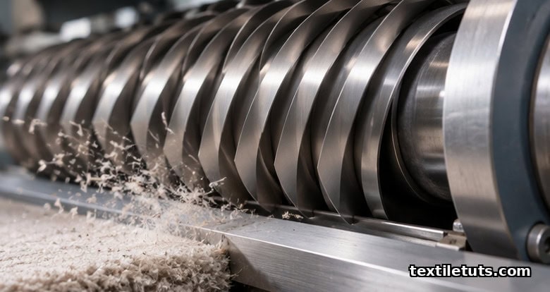 Close-up of a textile shearing machine's spiral-bladed cylinder rotating against a stationary ledger blade at a narrow precise clearance.