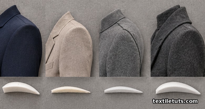 Side-by-side comparison of men's, women's, raglan, and overcoat shoulder pad constructions.