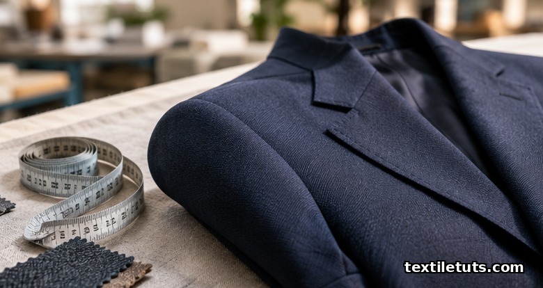 Tailored navy blazer shoulder with structured shoulder pad creating a lifted silhouette.