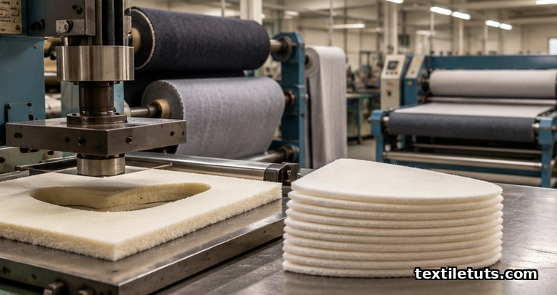 Industrial shoulder pad production with clicker press cutting nonwoven cores and stacked pads.