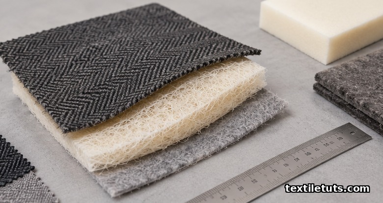 Flat-lay of three shoulder pad layers: wool cover, nonwoven core, and brushed interlining.