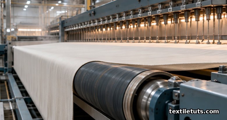 Industrial textile tenter frame with heated stenter pins and rubber-banded sanforizing cylinder pre-shrinking cotton fabric.