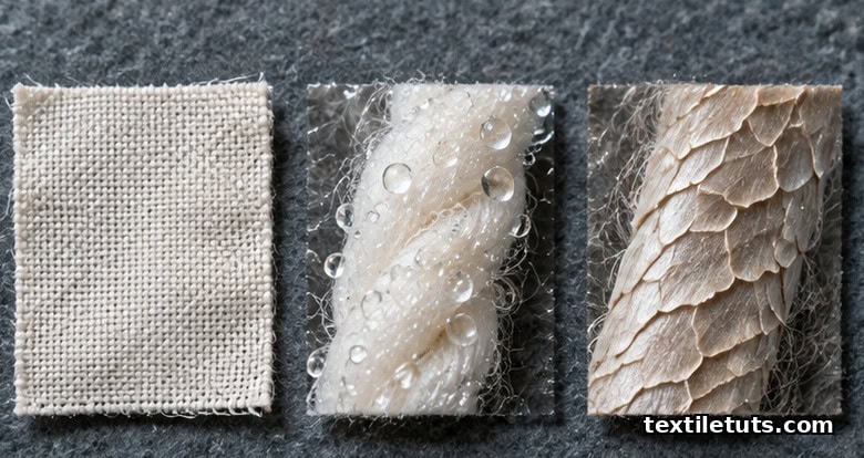Three fabric swatches comparing taut cotton, water-swelled fiber, and scaled wool to illustrate shrinkage mechanisms.