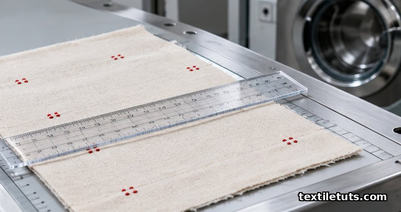 Cotton test specimen with red stitched bench-mark pairs and ruler for measuring dimensional change after washing.