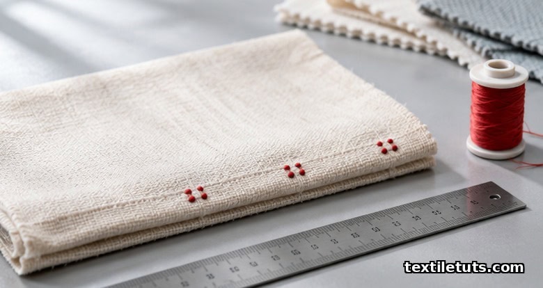 Textile QC lab workbench with folded cotton swatch, ruler, and red stitched bench marks for shrinkage verification.