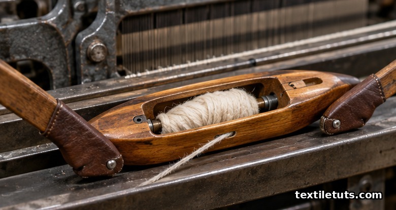 Traditional wooden shuttle with cop of woolen weft yarn resting on a shuttle race between two picker sticks.