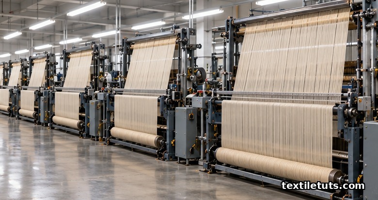 Row of modern industrial weaving looms with warp yarn stretched across the machines in a textile mill.