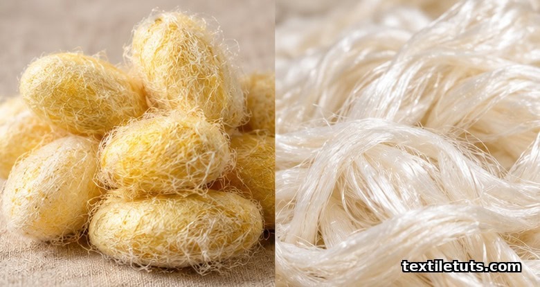 Raw silk cocoons beside lustrous white degummed silk fibroin, illustrating the sericin removal step.