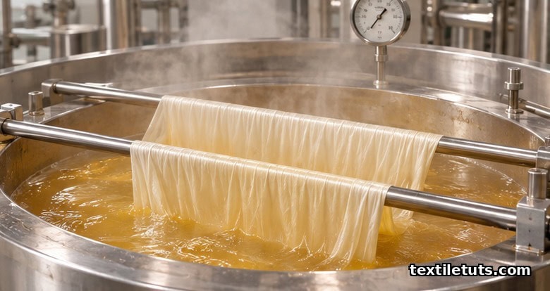 Industrial alkaline bath where silk fabric is gently degummed at ninety-five degrees Celsius.