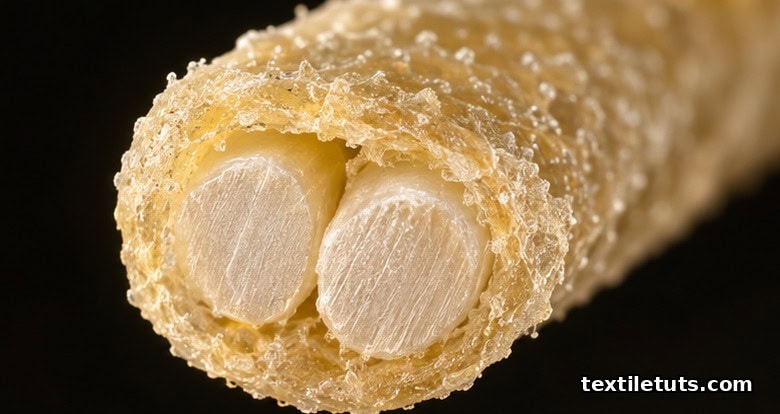 Macro view of two fibroin filaments coated in the sericin gum layer that degumming removes.