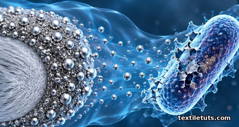 Scientific illustration of silver nanoparticles on a textile fiber cross-section releasing ions that disrupt a rod-shaped bacterial cell.