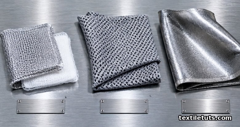 Flat-lay of silver-coated textile applications including wound dressing mesh, knit sportswear fabric, and EMI shielding cloth on steel.
