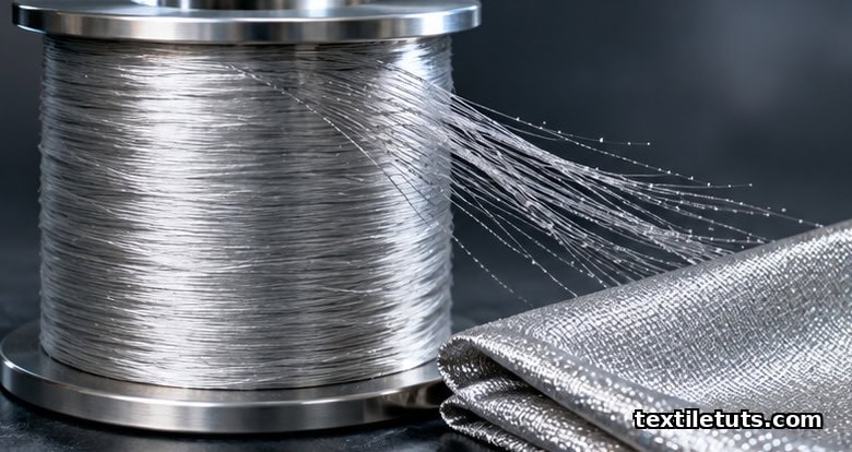 Spool of metallic silver-coated polyester multifilament yarn with reflective sheen and folded woven sample on a dark studio background.