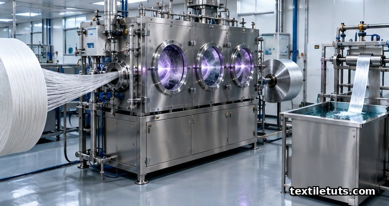 Industrial roll-to-roll sputter coating vacuum chamber depositing metallic silver film onto a textile fiber bundle, with adjacent plating bath.