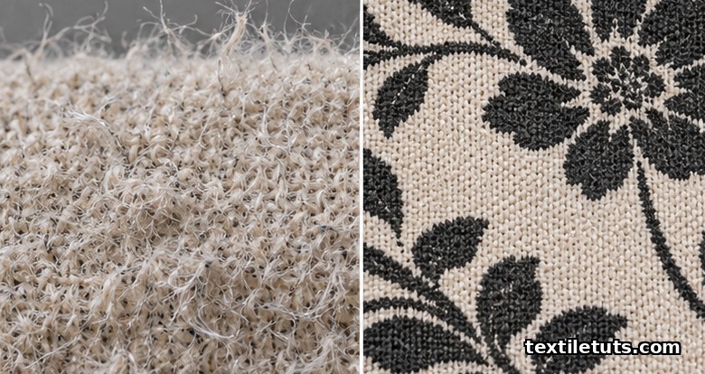 Close-up comparison of fuzzy unsinged cotton fabric next to smooth singed fabric showing sharper print outline and deeper dye uniformity.