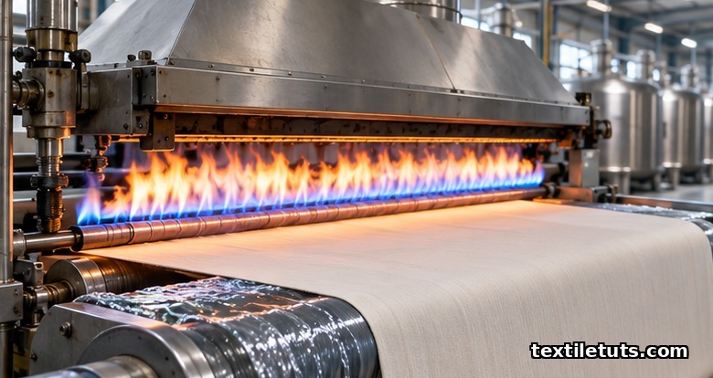 Industrial gas singeing machine burning surface fibers off woven cotton fabric with a ribbon burner flame over water-cooled rollers in a textile mill.