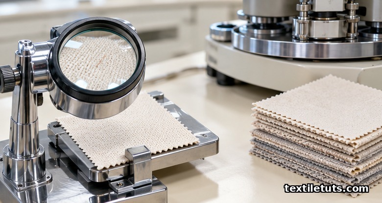 Textile lab quality control setup with a 10x magnifier examining singed fabric beside a Martindale pilling tester on a workbench.