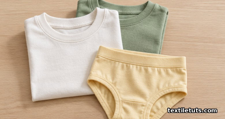 Folded children's cotton T-shirts and briefs flat lay showing fine single jersey knit texture